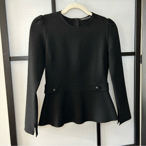 [s] Zara Black High Neck 3/4 Long Sleeve Peplum Blouse Top with Button Detail